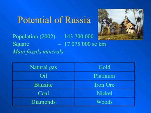 Potential of Russia Population (2002) – 143 700 000. Square – 17