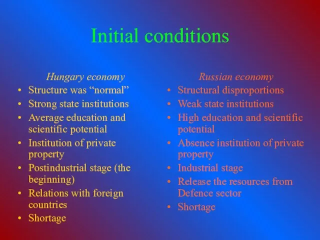 Initial conditions Hungary economy Structure was “normal” Strong state institutions Average education