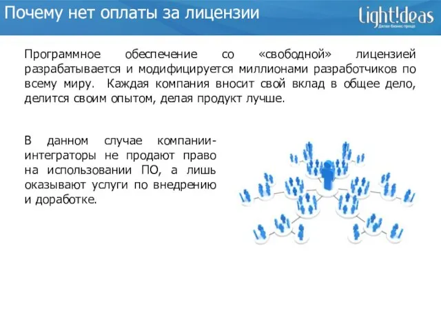 Почему нет оплаты за лицензии Программное обеспечение со «свободной» лицензией разрабатывается и