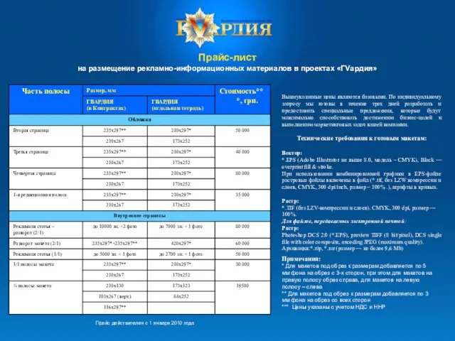 Прайс-лист на размещение рекламно-информационных материалов в проектах «ГVардия» Вышеуказанные цены являются базовыми.