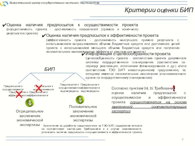 Критерии оценки БИП Казахстанский центр государственно-частного партнерства Оценка наличия предпосылок к осуществимости