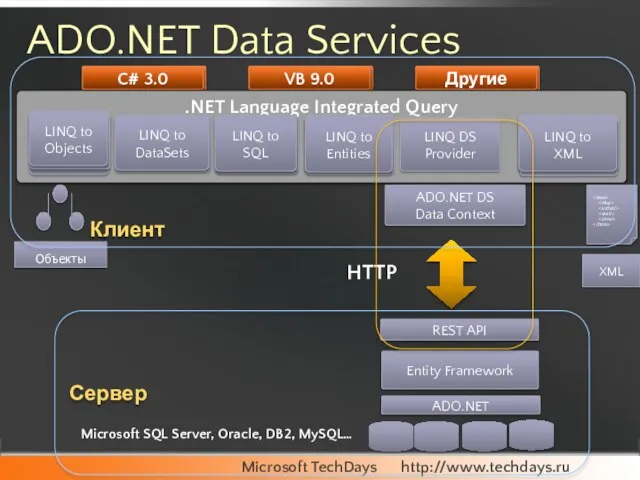 ADO.NET Data Services .NET Language Integrated Query Entity Framework ADO.NET REST API