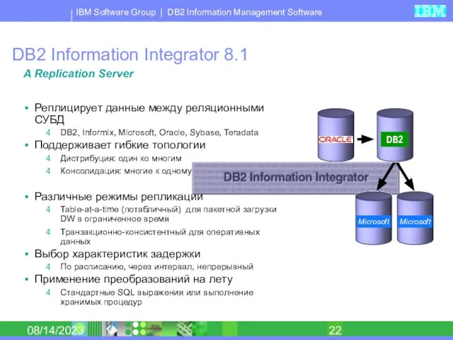 08/14/2023 DB2 Information Integrator 8.1 A Replication Server Реплицирует данные между реляционными
