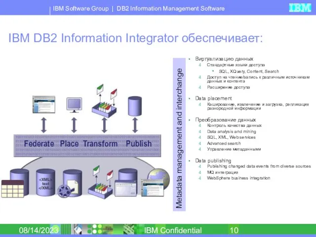08/14/2023 Information Integration IBM DB2 Information Integrator обеспечивает: Виртуализацию данных Стандартные языки