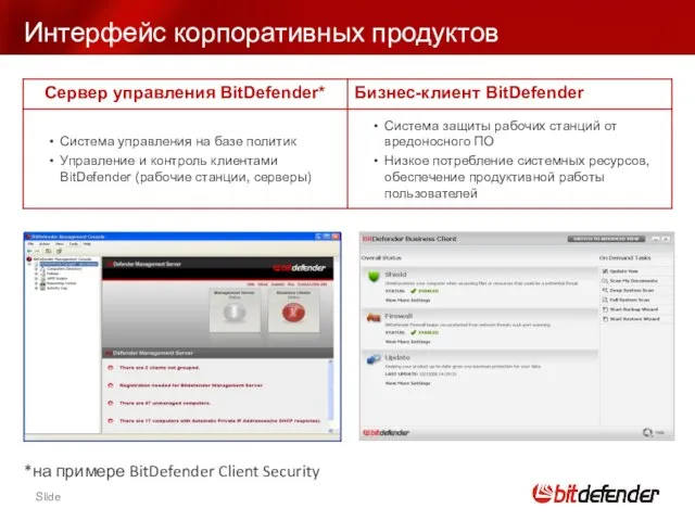 Интерфейс корпоративных продуктов *на примере BitDefender Client Security