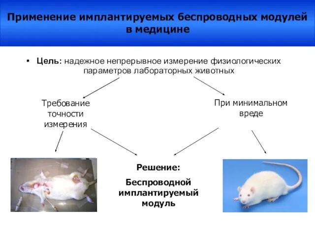 Цель: надежное непрерывное измерение физиологических параметров лабораторных животных При минимальном вреде Требование
