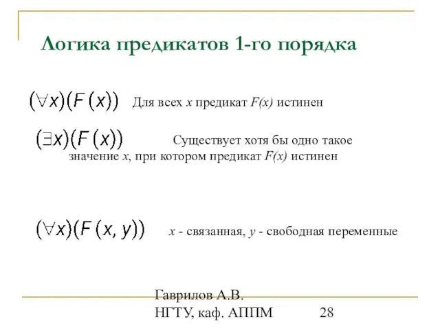 Гаврилов А.В. НГТУ, каф. АППМ Логика предикатов 1-го порядка Для всех x