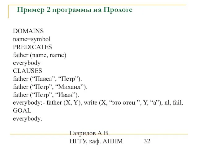Гаврилов А.В. НГТУ, каф. АППМ Пример 2 программы на Прологе DOMAINS name=symbol