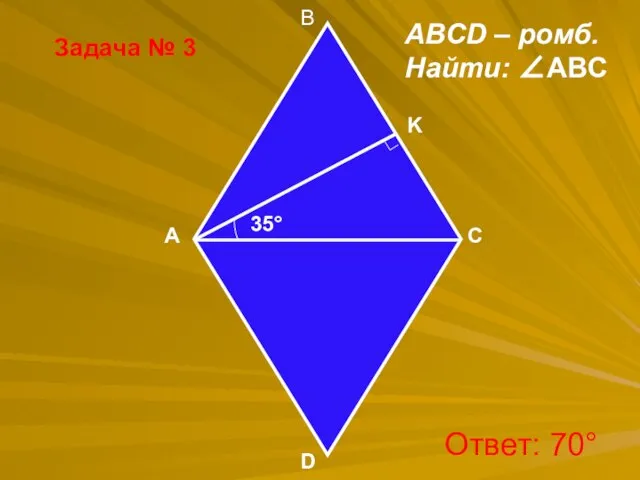 Задача № 3 B A D C ∟ ABCD – ромб. Найти: