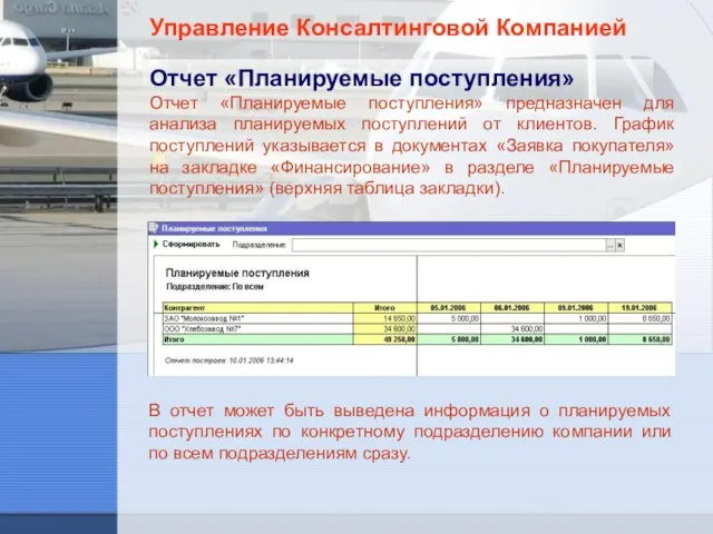 Управление Консалтинговой Компанией Отчет «Планируемые поступления» Отчет «Планируемые поступления» предназначен для анализа