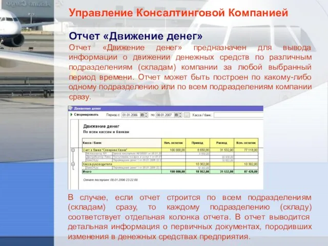 Управление Консалтинговой Компанией Отчет «Движение денег» Отчет «Движение денег» предназначен для вывода
