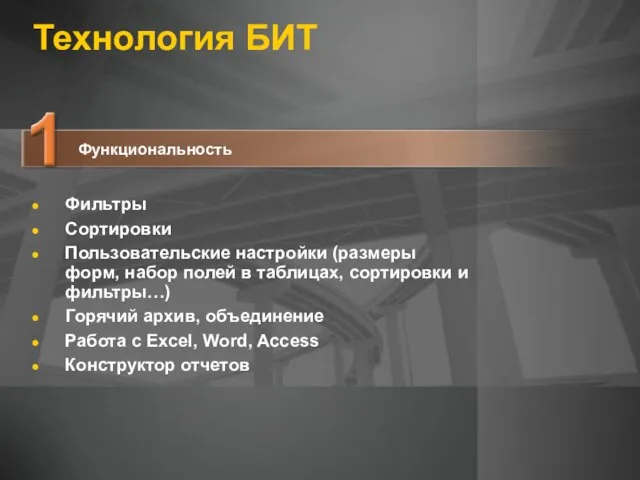 Технология БИТ Фильтры Сортировки Пользовательские настройки (размеры форм, набор полей в таблицах,