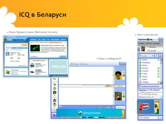 ICQ в Беларуси Окно сообщений Лист контактов Окно Приветствия (Welcome Screen)