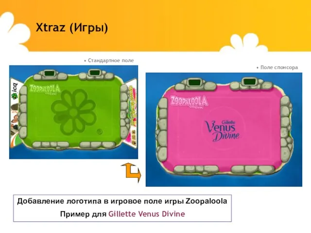 Xtraz (Игры) Добавление логотипа в игровое поле игры Zoopaloola Пример для Gillette