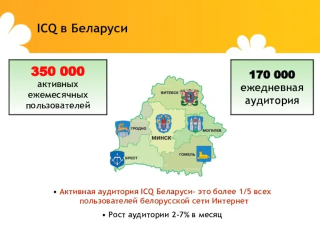 ICQ в Беларуси 350 000 активных ежемесячных пользователей 170 000 ежедневная аудитория