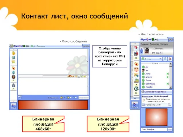 Контакт лист, окно сообщений Баннерная площадка 468х60* Баннерная площадка 120х90* Окно сообщений