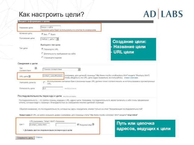 Как настроить цели? Создание цели: Название цели URL цели Путь или цепочка адресов, ведущих к цели