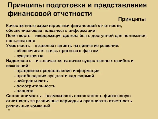 Принципы подготовки и представления финансовой отчетности Качественные характеристики финансовой отчетности, обеспечивающие полезность