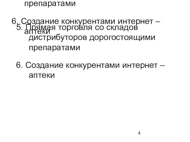 5. Прямая торговля со складов дистрибуторов дорогостоящими препаратами 6. Создание конкурентами интернет