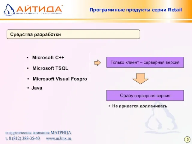 Программные продукты серии Retail Средства разработки Microsoft C++ Только клиент – серверная