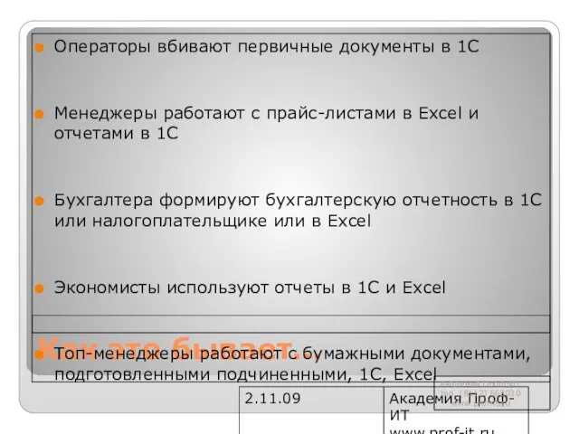 2.11.09 Академия Проф-ИТ www.prof-it.ru Как это бывает… Операторы вбивают первичные документы в