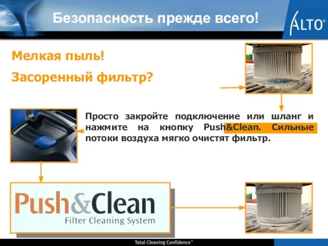 Просто закройте подключение или шланг и нажмите на кнопку Push&Clean. Сильные потоки