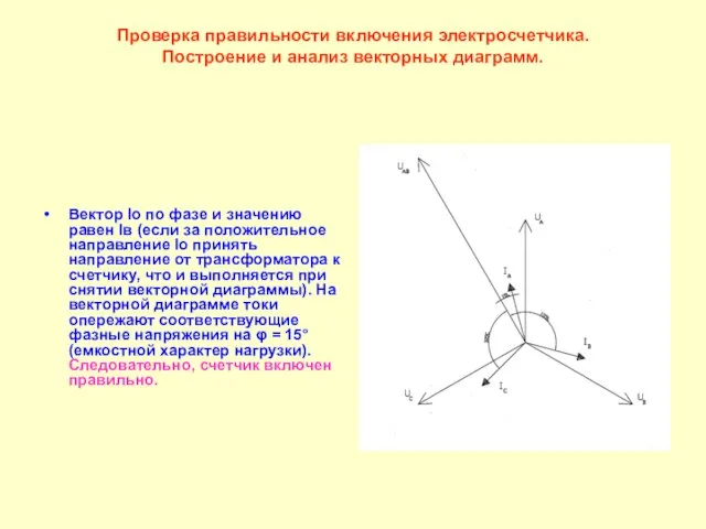 Проверка правильности включения электросчетчика. Построение и анализ векторных диаграмм. Вектор Iо по