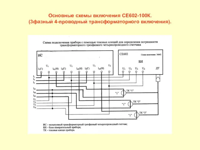 Основные схемы включения СЕ602-100К. (3фазный 4-проводный трансформаторного включения).