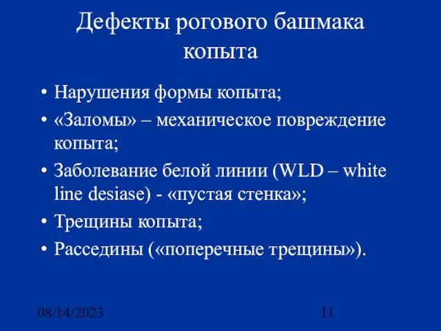 08/14/2023 Дефекты рогового башмака копыта Нарушения формы копыта; «Заломы» – механическое повреждение