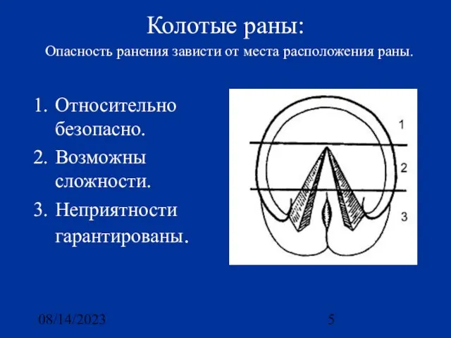 08/14/2023 Колотые раны: Относительно безопасно. Возможны сложности. Неприятности гарантированы. Опасность ранения зависти от места расположения раны.