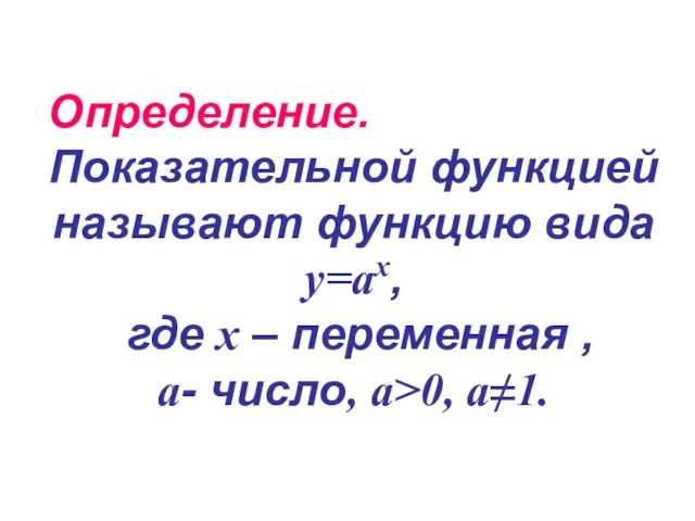 Определение. Показательной функцией называют функцию вида у=ax, где х – переменная , a- число, a>0, a≠1.