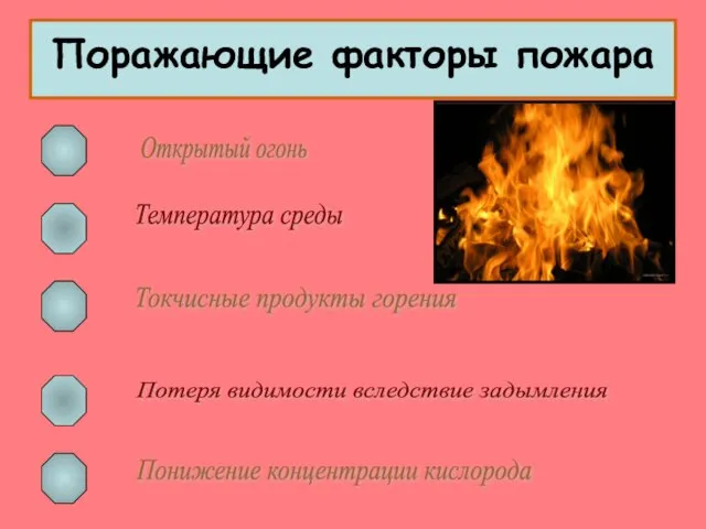 Поражающие факторы пожара Открытый огонь Температура среды Токчисные продукты горения Потеря видимости