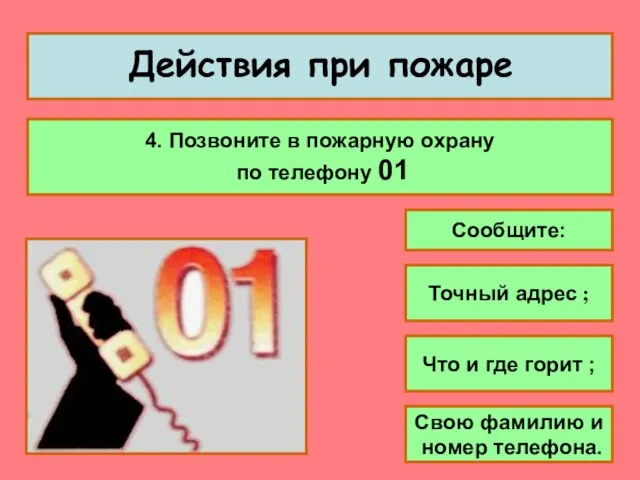 Действия при пожаре 4. Позвоните в пожарную охрану по телефону 01 Сообщите: