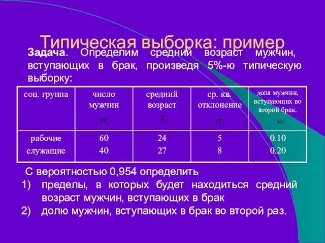 Типическая выборка: пример Задача. Определим средний возраст мужчин, вступающих в брак, произведя