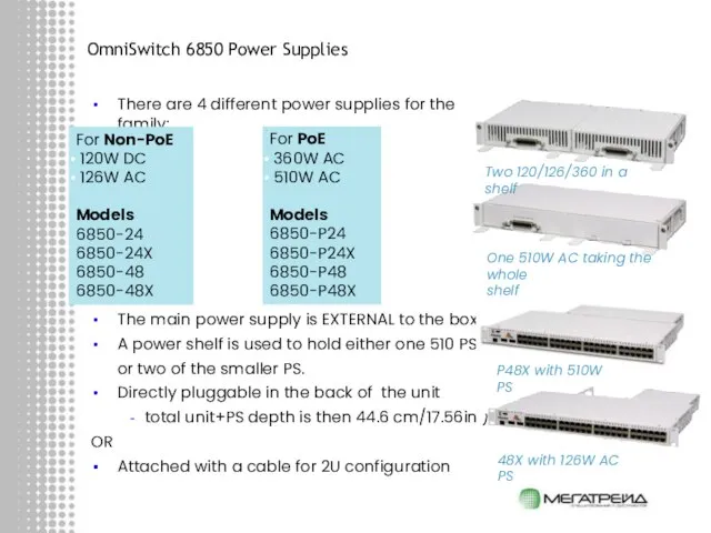 OmniSwitch 6850 Power Supplies There are 4 different power supplies for the