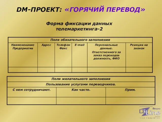 DM-ПРОЕКТ: «ГОРЯЧИЙ ПЕРЕВОД» Форма фиксации данных телемаркетинга-2