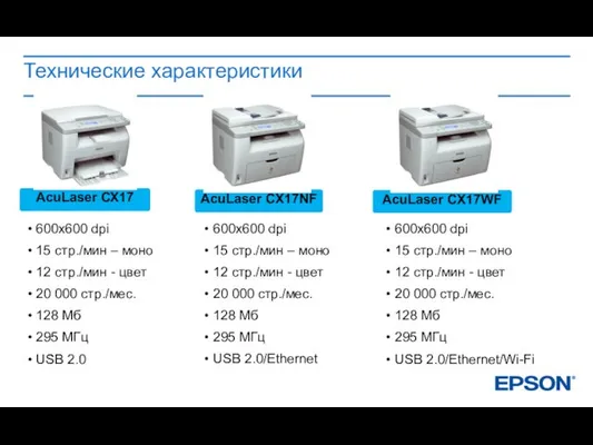 Технические характеристики AcuLaser СХ17 AcuLaser СX17NF AcuLaser CX17WF 600х600 dpi 15 стр./мин