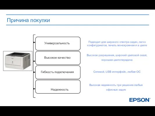 Причина покупки Универсальность Надежность Гибкость подключения Высокая надежность при решения любых офисных