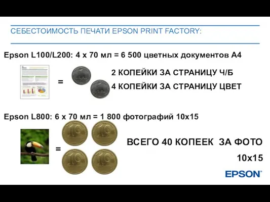 СЕБЕСТОИМОСТЬ ПЕЧАТИ EPSON PRINT FACTORY: Epson L100/L200: 4 х 70 мл =