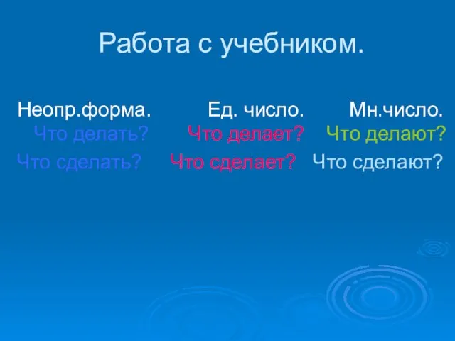 Работа с учебником. Неопр.форма. Ед. число. Мн.число. Что делать? Что делает? Что