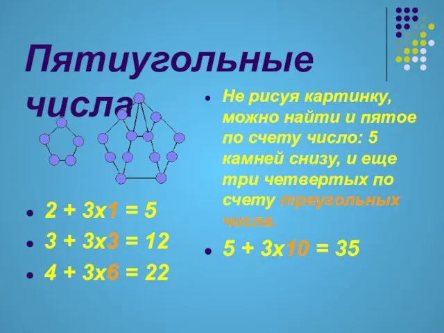 Пятиугольные числа 2 + 3х1 = 5 3 + 3х3 = 12