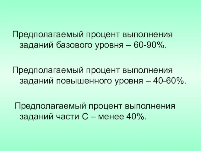 Предполагаемый процент выполнения заданий базового уровня – 60-90%. Предполагаемый процент выполнения заданий