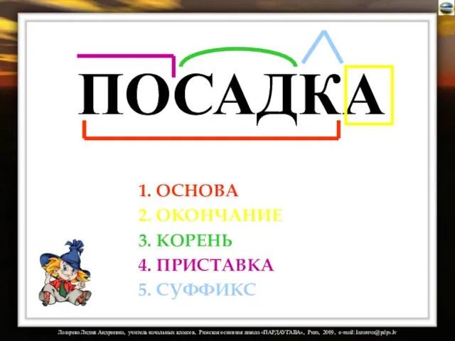 ПОСАДКА 1. ОСНОВА 2. ОКОНЧАНИЕ 3. КОРЕНЬ 4. ПРИСТАВКА 5. СУФФИКС