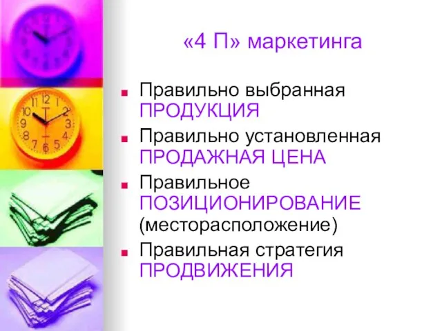 «4 П» маркетинга Правильно выбранная ПРОДУКЦИЯ Правильно установленная ПРОДАЖНАЯ ЦЕНА Правильное ПОЗИЦИОНИРОВАНИЕ (месторасположение) Правильная стратегия ПРОДВИЖЕНИЯ