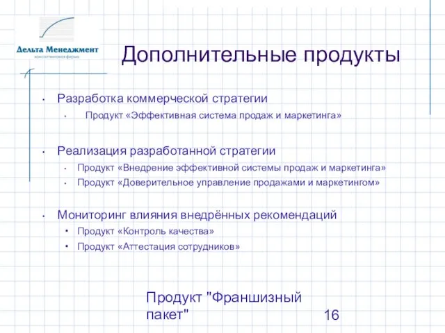 Продукт "Франшизный пакет" Дополнительные продукты Разработка коммерческой стратегии Продукт «Эффективная система продаж