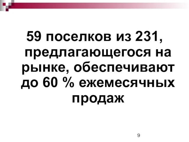 59 поселков из 231, предлагающегося на рынке, обеспечивают до 60 % ежемесячных продаж