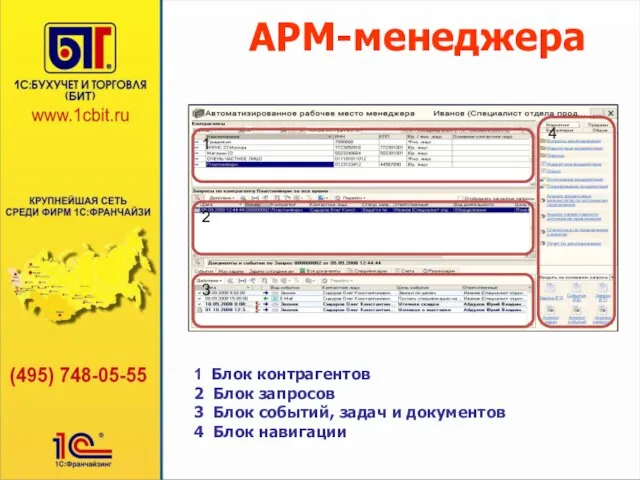 АРМ-менеджера 1 Блок контрагентов 2 Блок запросов 3 Блок событий, задач и документов 4 Блок навигации