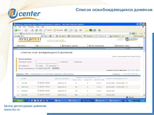 Список освобождающихся доменов Центр регистрации доменов www.nic.ru