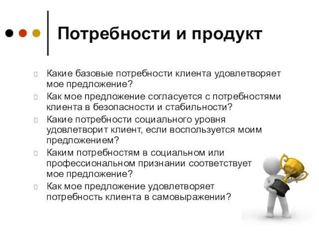 Потребности и продукт Какие базовые потребности клиента удовлетворяет мое предложение? Как мое