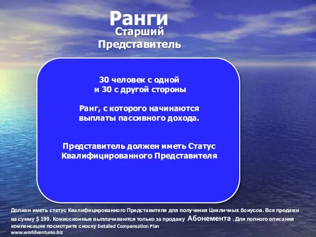 Ранги Старший Представитель Должен иметь статус Квалифицированного Представителя для получения Цикличных бонусов.